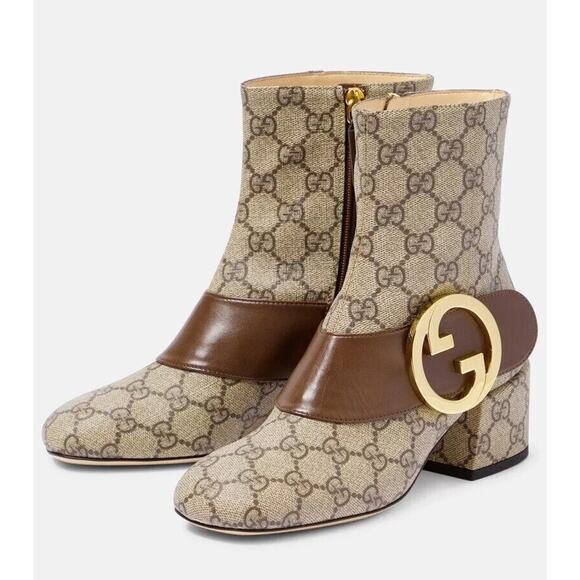 GUCCI 70170 SUPREME LEATHER BELT GG METAL LOGO MONOGRAM BEIGE SHORT ZIP BOOTS 41 - Picture 8 of 13